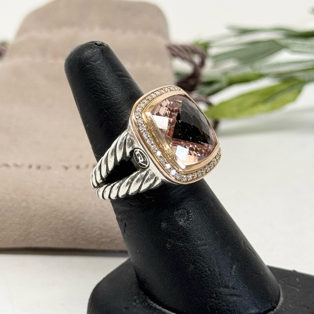 David Yurman 14mm Morganite Diamond Albion Ring .925 18K Rose Gold Sz 7 - Picture 5 of 10
